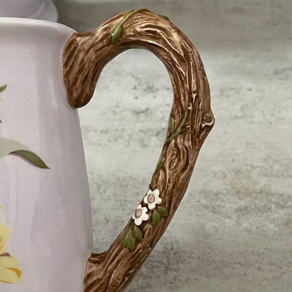 April Cornell Silvestri Vintage Set of Two Mugs Yellow Floral Faux Bois Handles - Picture 4 of 10